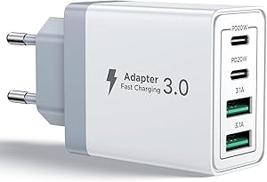 Caricatore USB C Rapido 40W 4Porto Presa USB Caricatore Multipla PD & QC3.0 Carica Cellulare, Spina Alimentatore Caricabatterie per Samsung S22 S23 S24 iPhone 15 16 14, Spinotto Muro Adattatore
